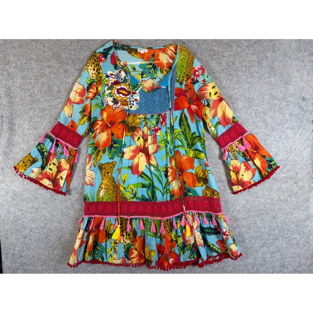 Debbie Katz South Beach Tunic Dress Womens Small Blue Floral Leopard Good Boho